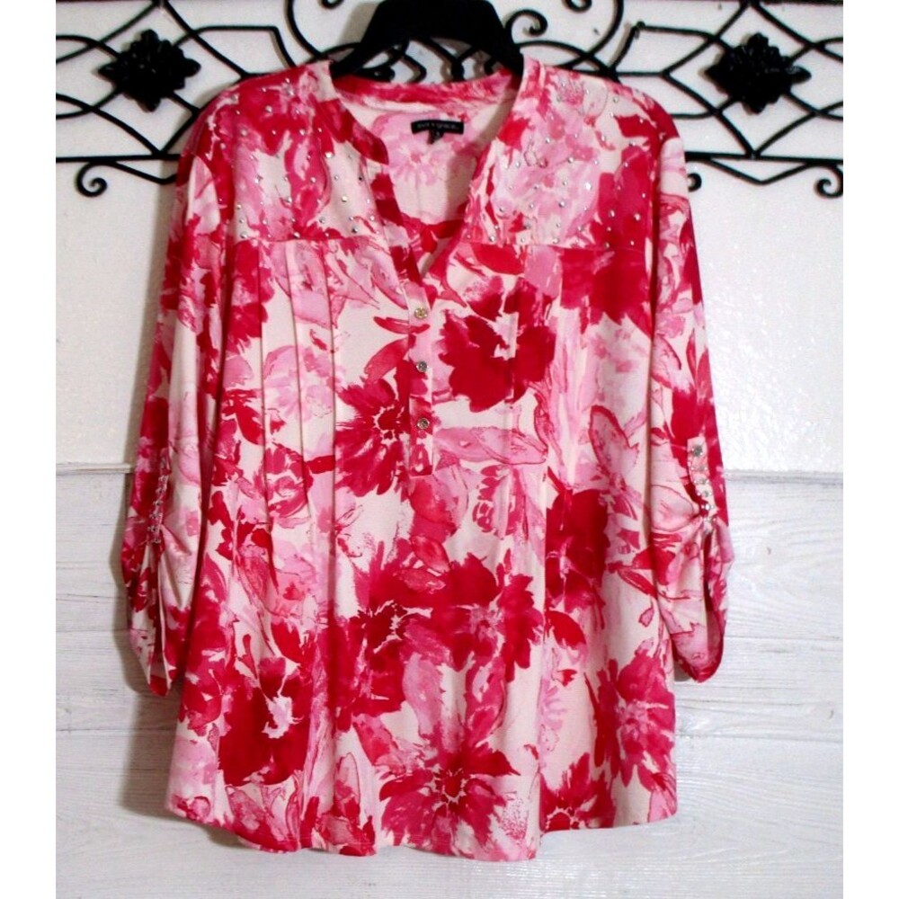 Ava & Grace Women's Knit Top Size XL Multicolored Floral 3/4 Sleeve V Neck